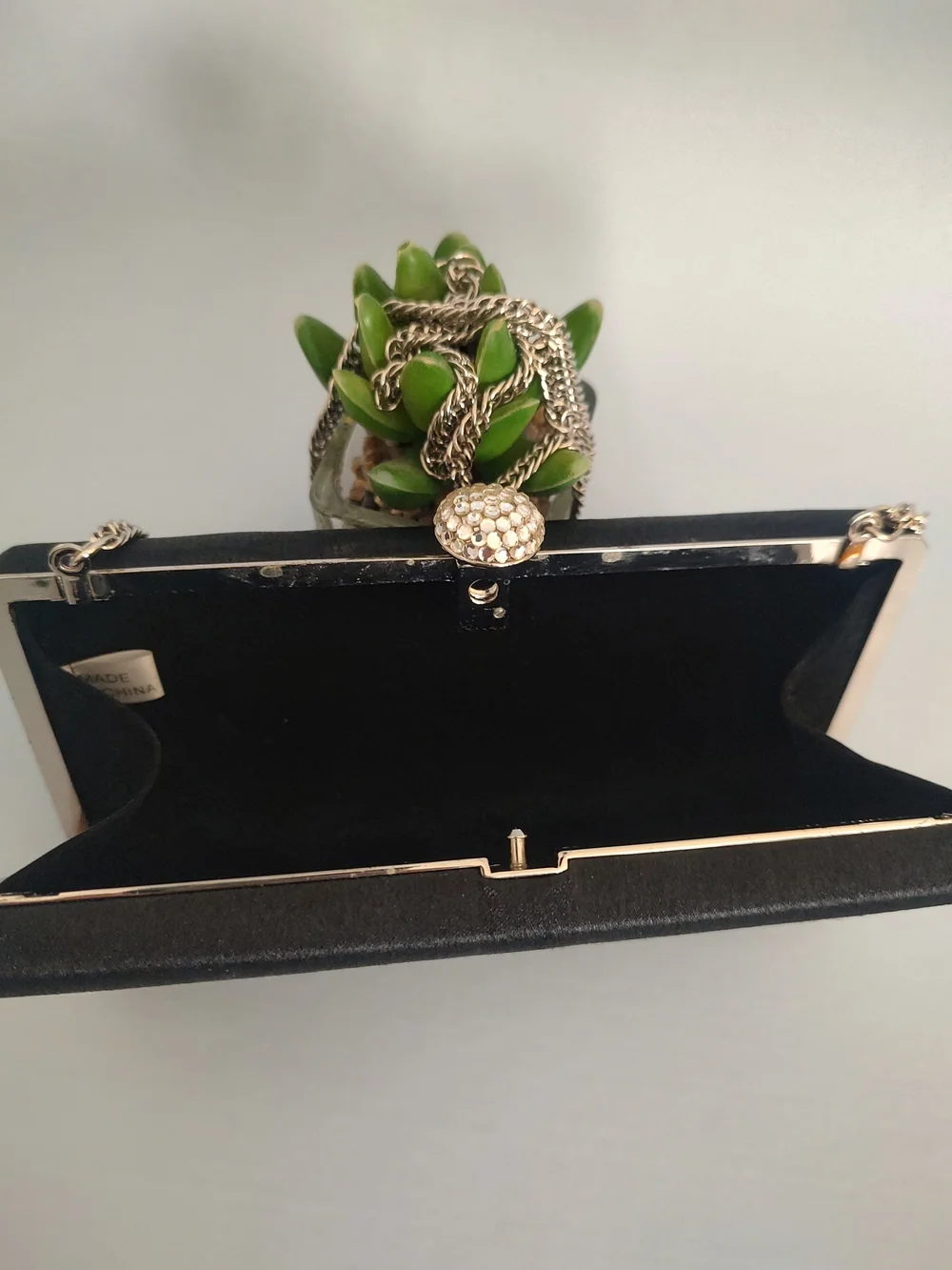 Black Satin Evening Clutch with Jewel Accent